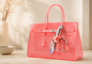 Bolsa jelly coral transparente personalizada com lenço, corrente, pérolas, flores e contas coloridas.