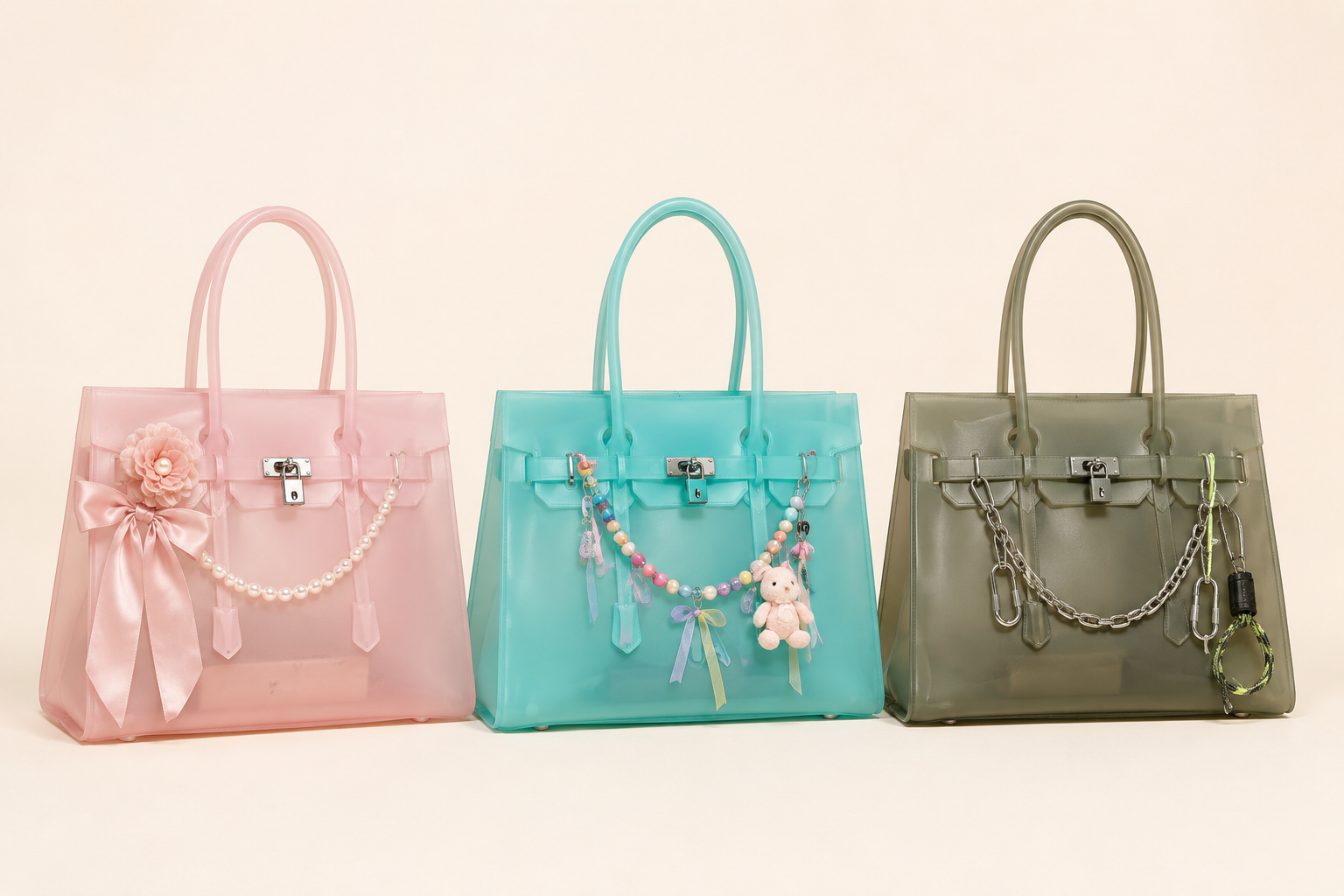 como customizar bolsa Jelly Firkin Três bolsas jelly transparentes personalizadas nos estilos romântico, divertido e urbano.