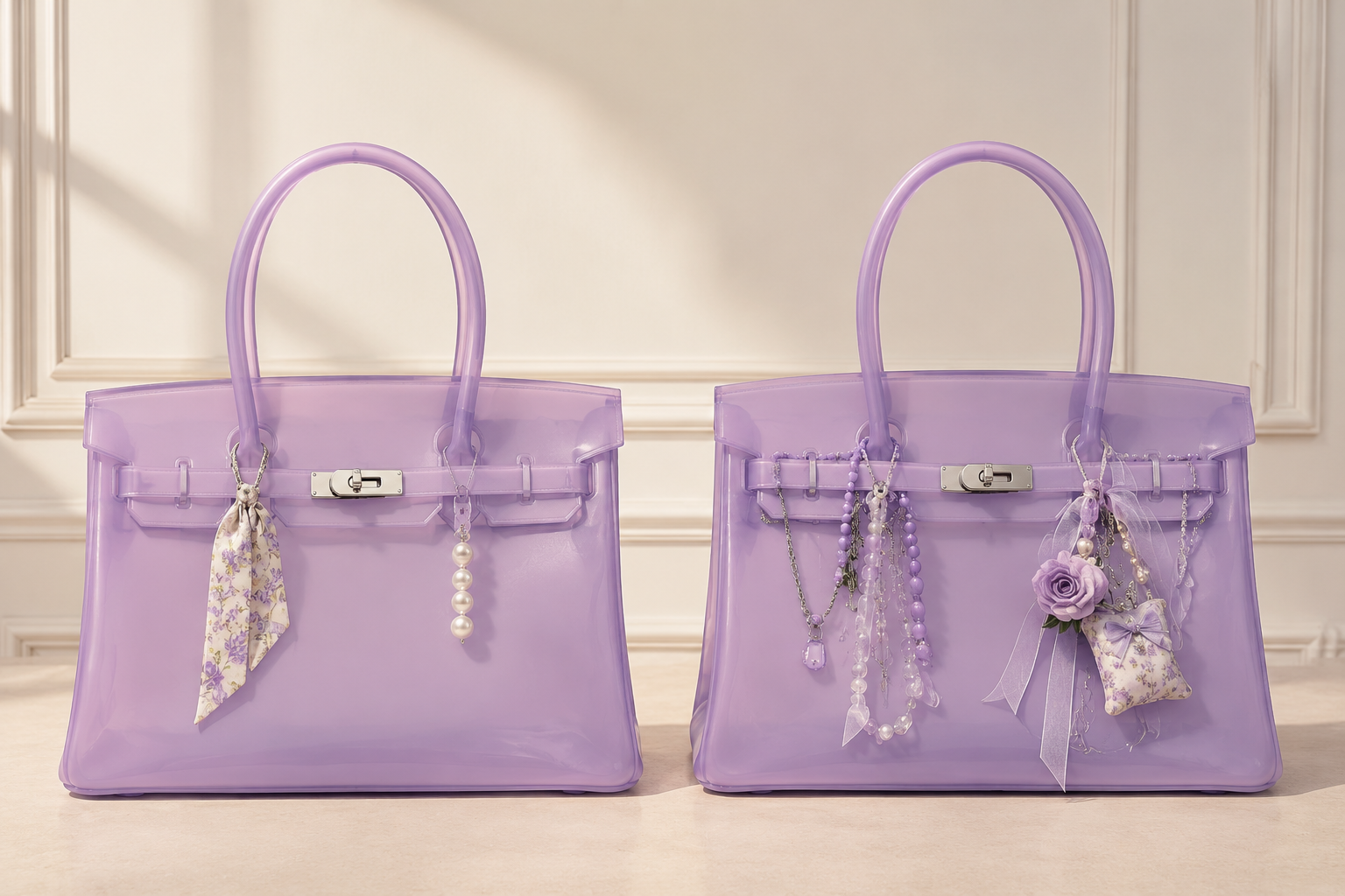 como personalizar bolsa Jelly Firkin Duas bolsas jelly lilás com personalização delicada e maximalista usando laços, pérolas, flores e correntes.
