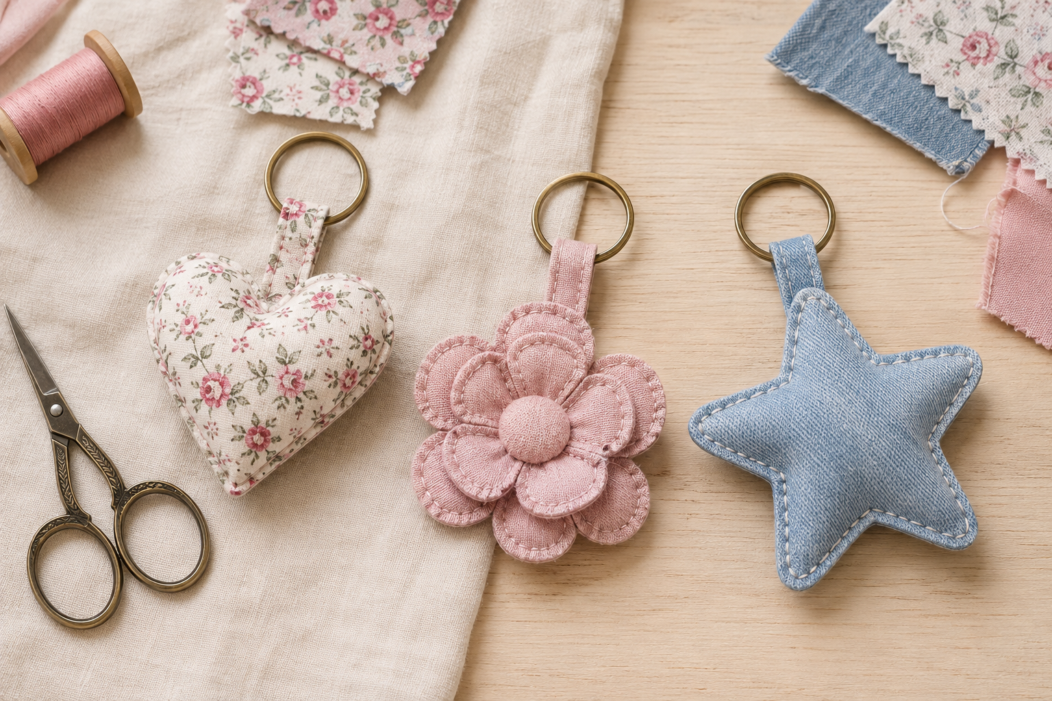como customizar bolsa Firkin Chaveiros acolchoados de coração, flor e estrela produzidos com retalhos de feltro, tecido e jeans.