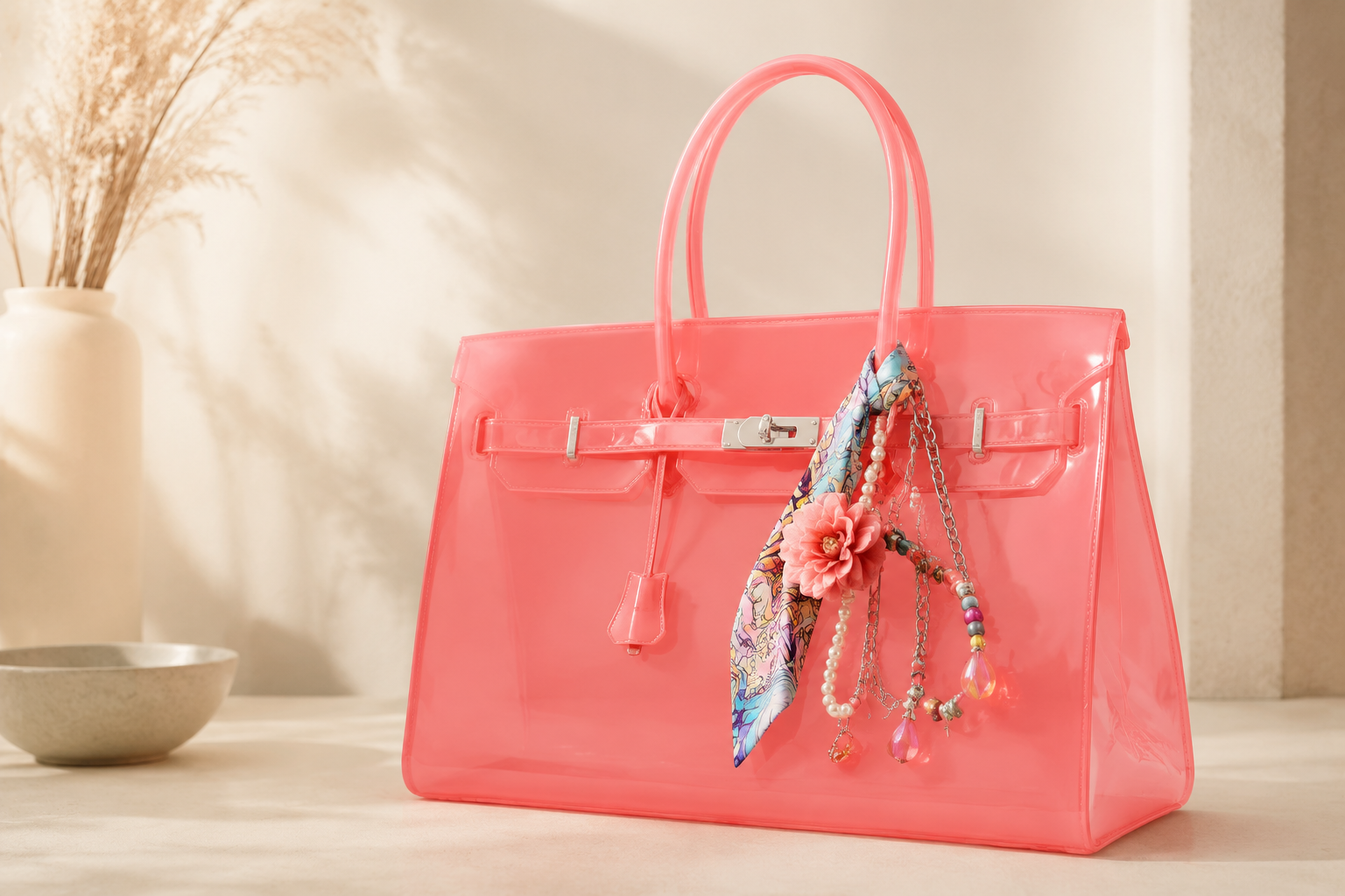 como personalizar bolsa Jelly Firkin Bolsa jelly coral transparente personalizada com lenço, corrente, pérolas, flores e contas coloridas.