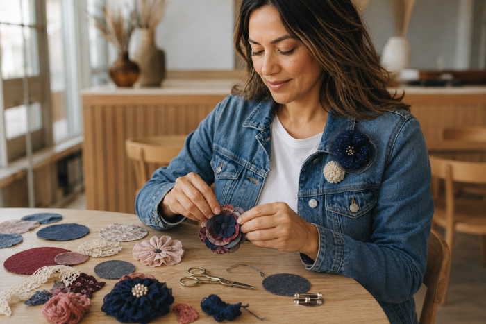 maxi broches - moda feminina Mulher criando maxi broche artesanal com retalhos de tecido