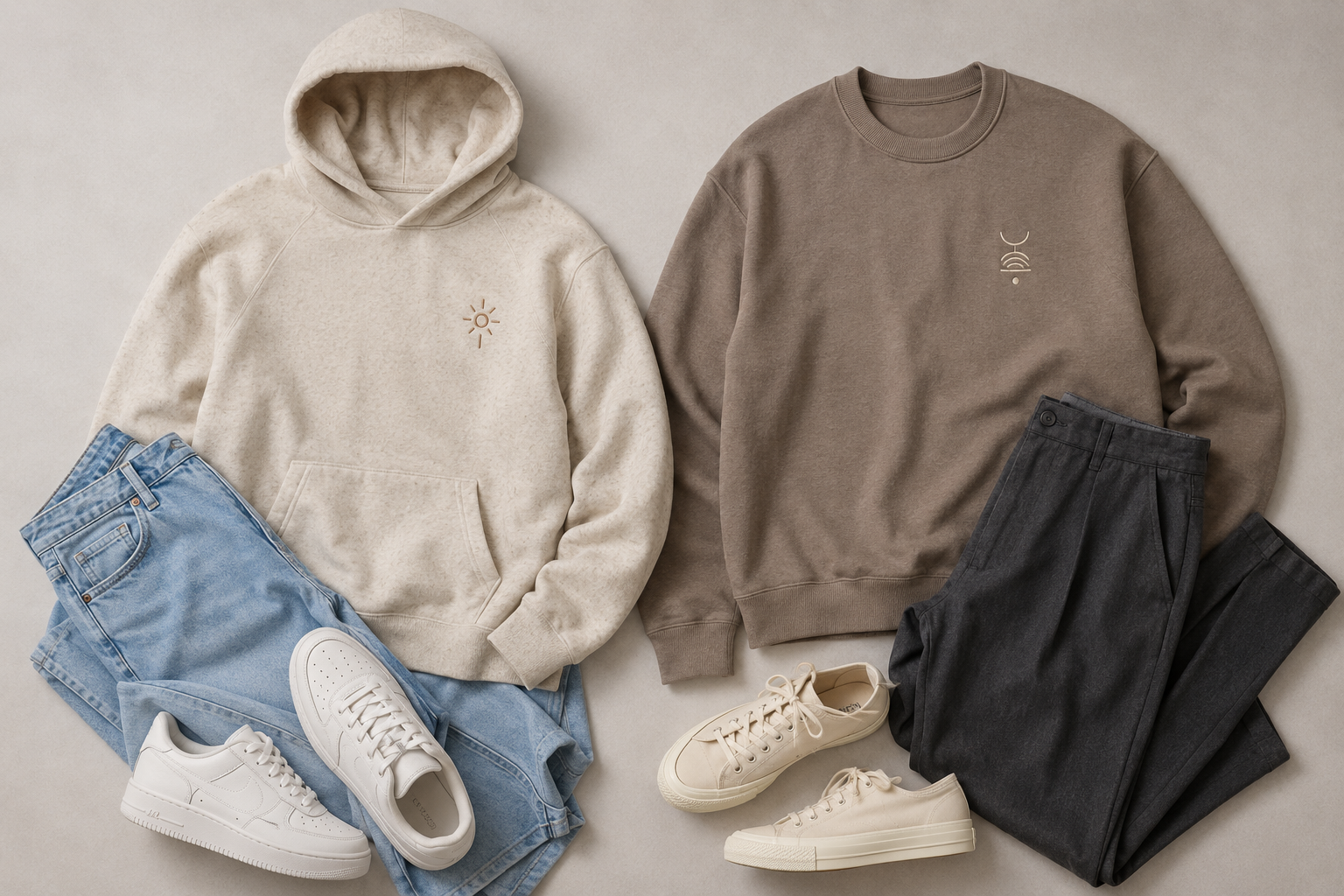 Como usar looks de casal combinando inspirados em Bruna Marquezine e Shawn Mendes Dois looks com moletons coordenados em tons neutros, pequenos bordados, jeans claro, calça cinza e tênis.