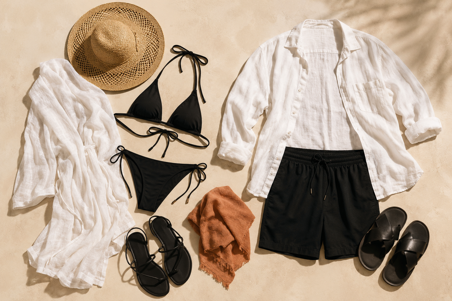 Como usar looks de casal combinando inspirados em Bruna Marquezine e Shawn Mendes Looks de praia combinando em preto e branco com biquíni, saída de praia, camisa de linho, bermuda e chapéu.
