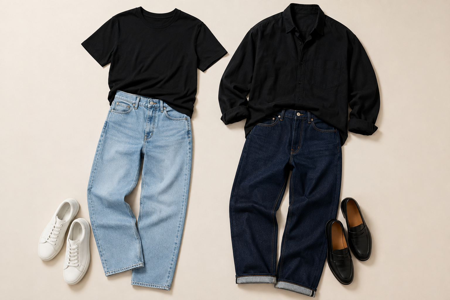 Como usar looks de casal combinando inspirados em Bruna Marquezine e Shawn Mendes Dois looks combinando com calças jeans clara e escura, peças pretas, tênis branco e mocassins.