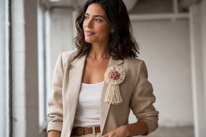 maxi broches voltaram - moda feminina Blazer bege com maxi broche artesanal de fios