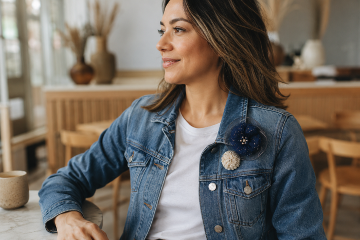 maxi broches - moda feminina Jaqueta jeans feminina customizada com dois broches